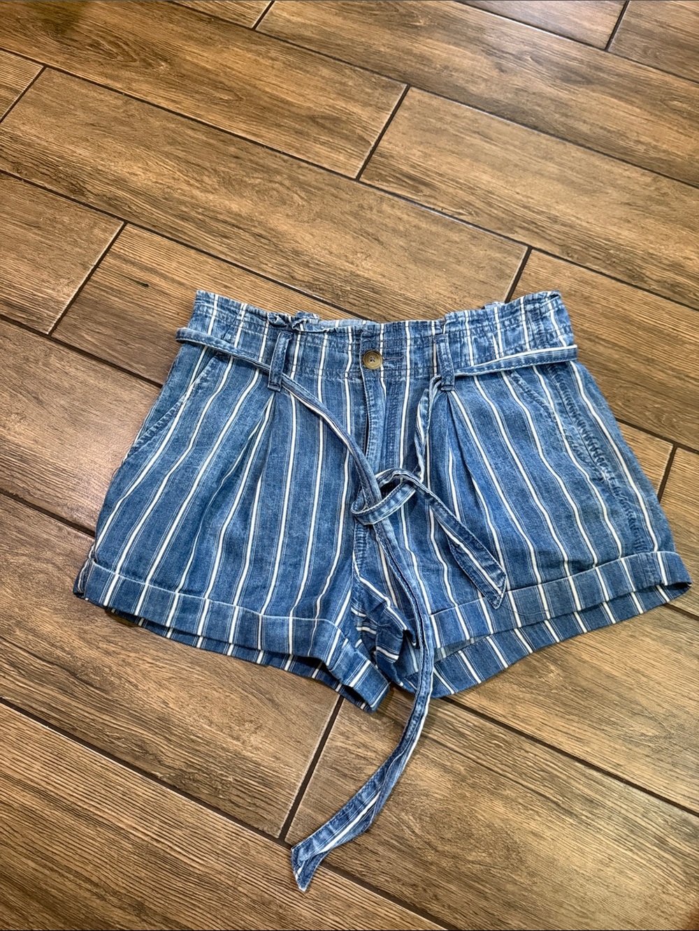 American Eagle Outfitters Blue and White Striped High-Waist Tie Shorts